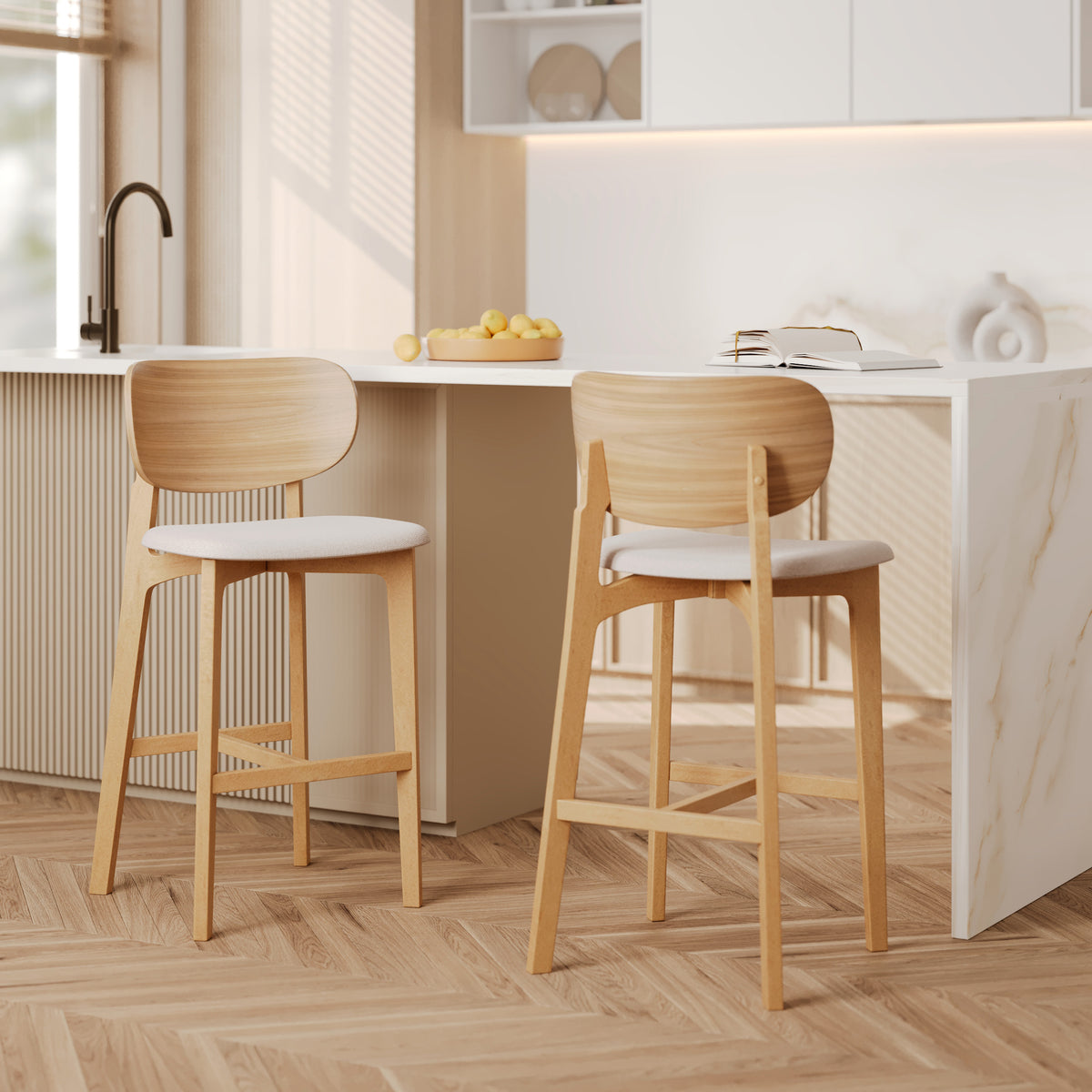 2 chaises de bar 66 cm beige et bois clair