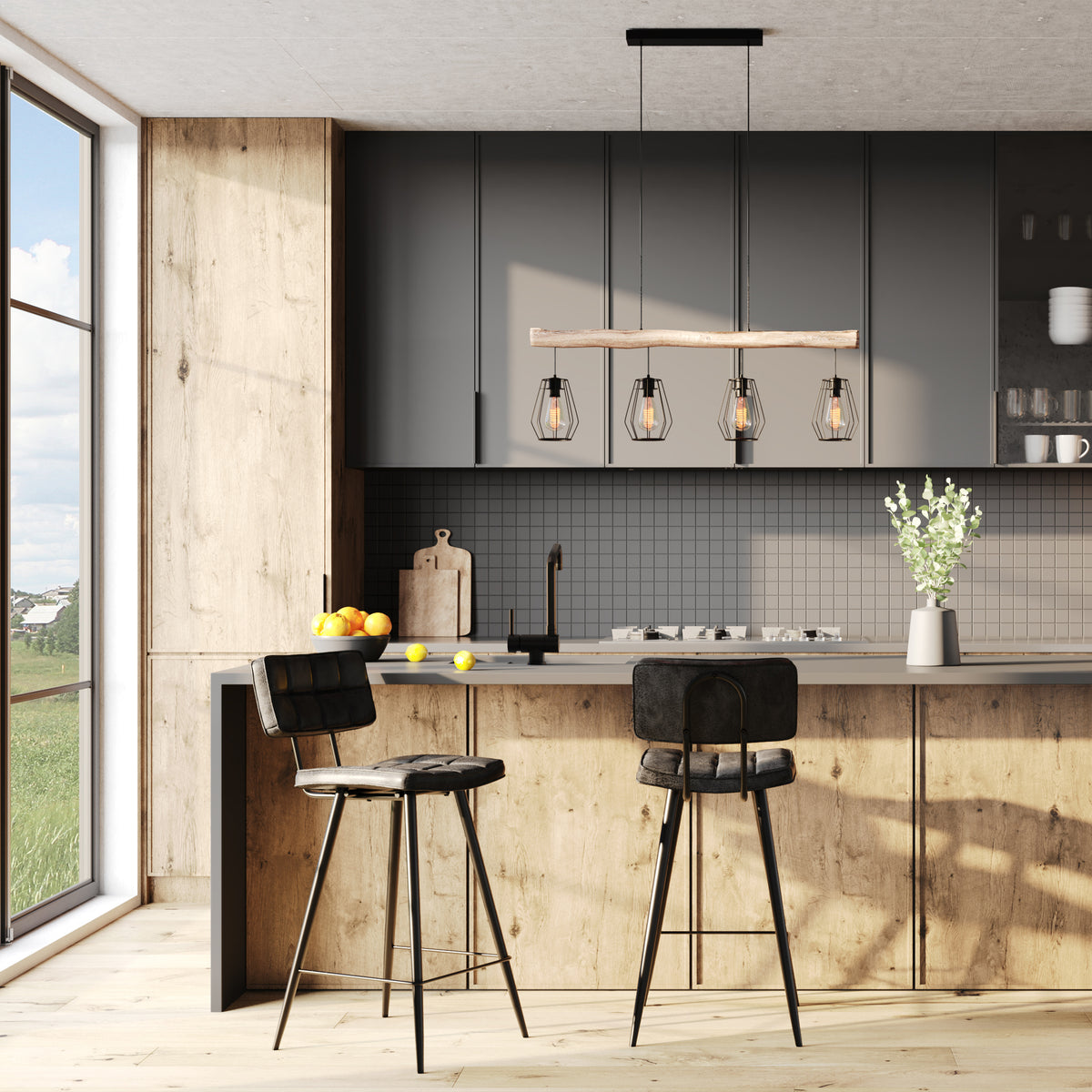 acquistare sospensione con 4 lampade in legno e metallo