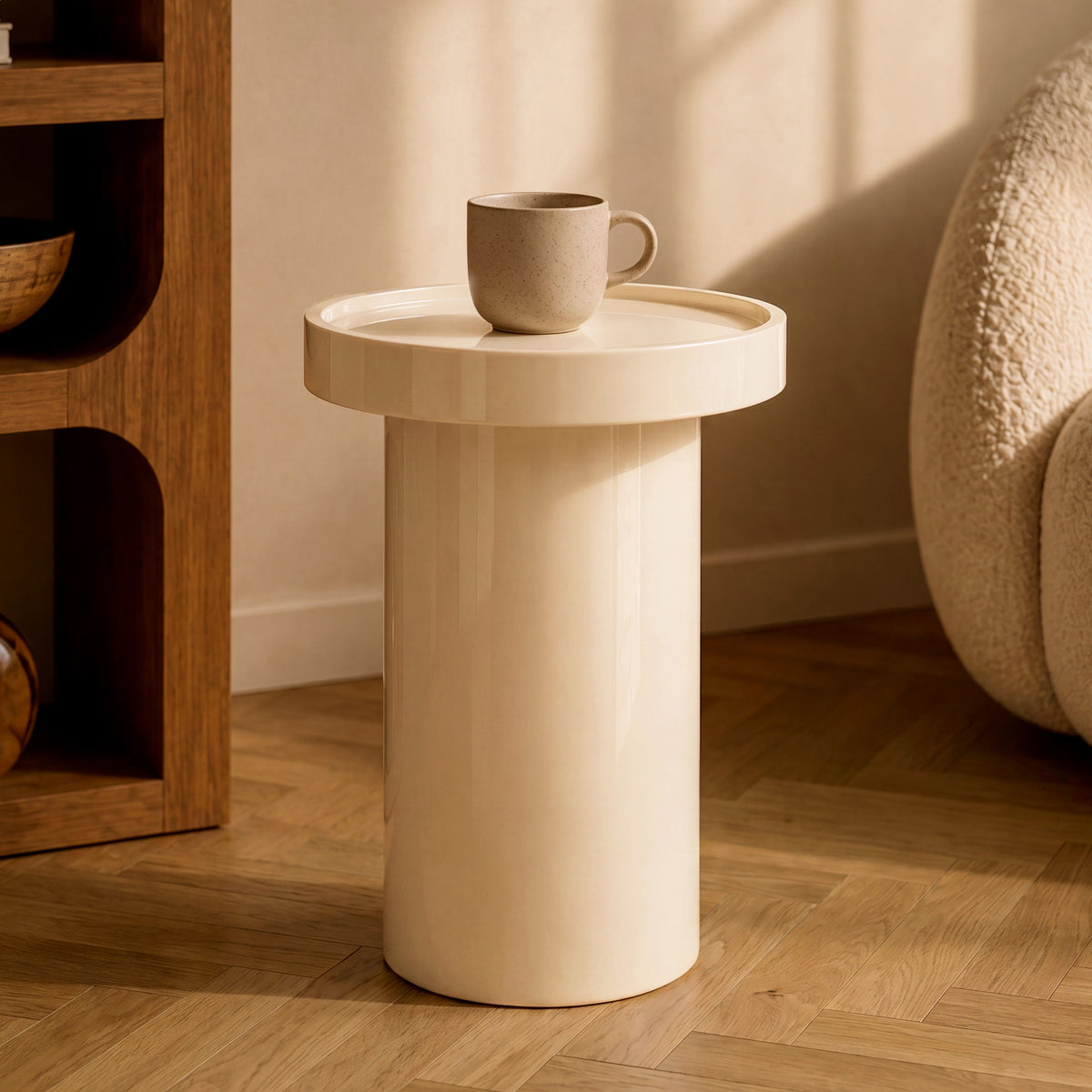 Ambiance table d'appoint Nora blanche laquée en MDF diamètre 40 cm – Maison Pavane