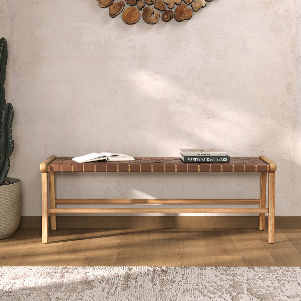 banc kuna en cuir tresse marron 120 cm rendez vous deco
