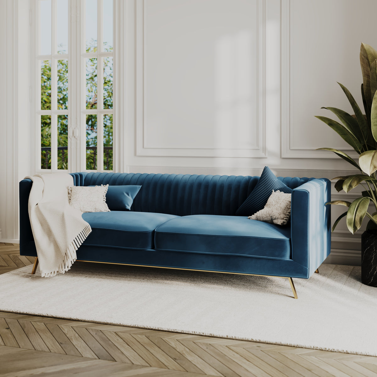 canape 3 places velours bleu fonce gatsby