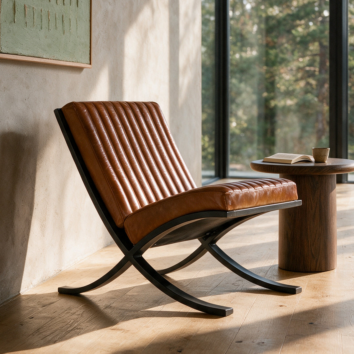 Fauteuil en cuir de buffle marron table d'appoint Gustave – Maison Pavane