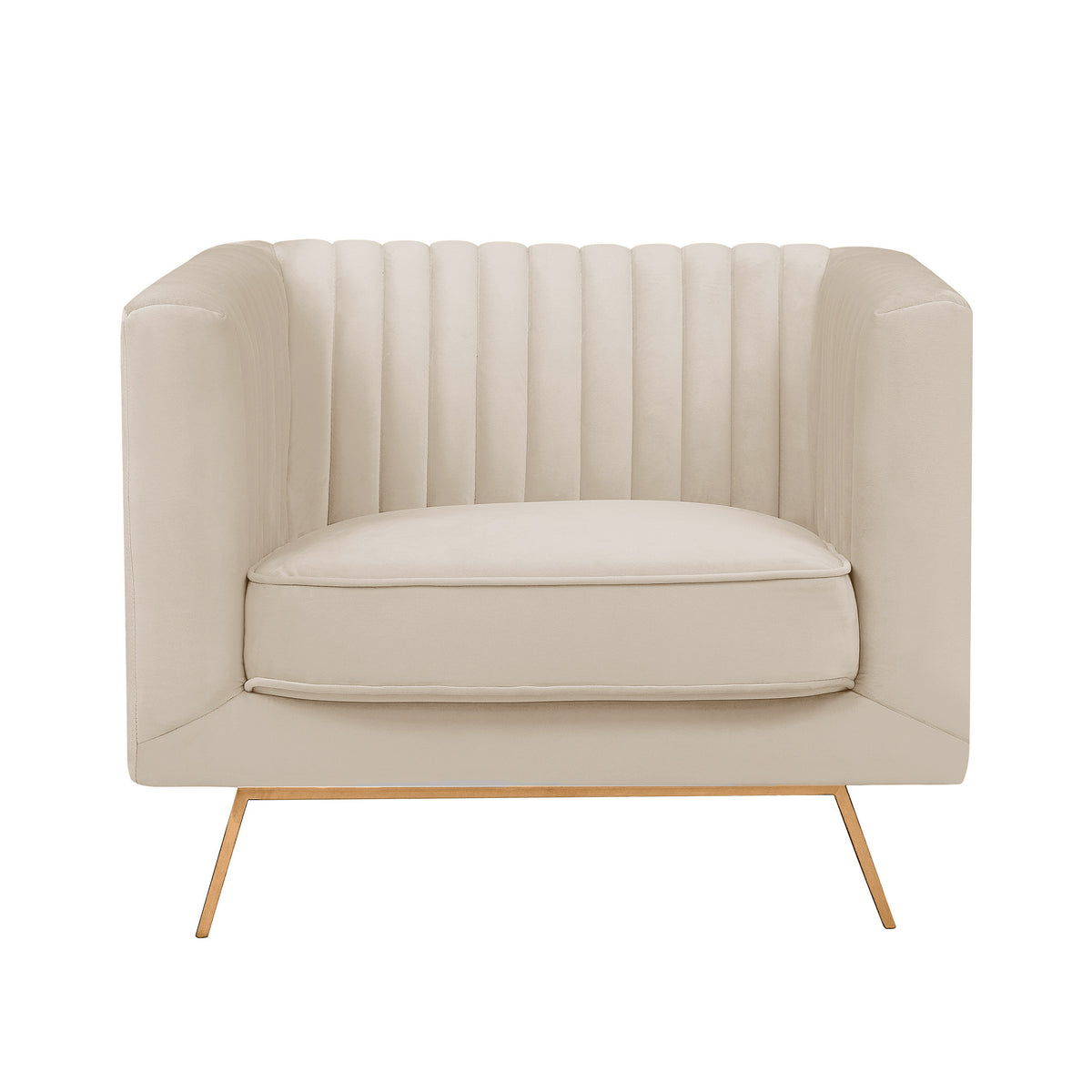 Fauteuil Gatsby velours beige capitonné piètement doré vue face – Maison Pavane