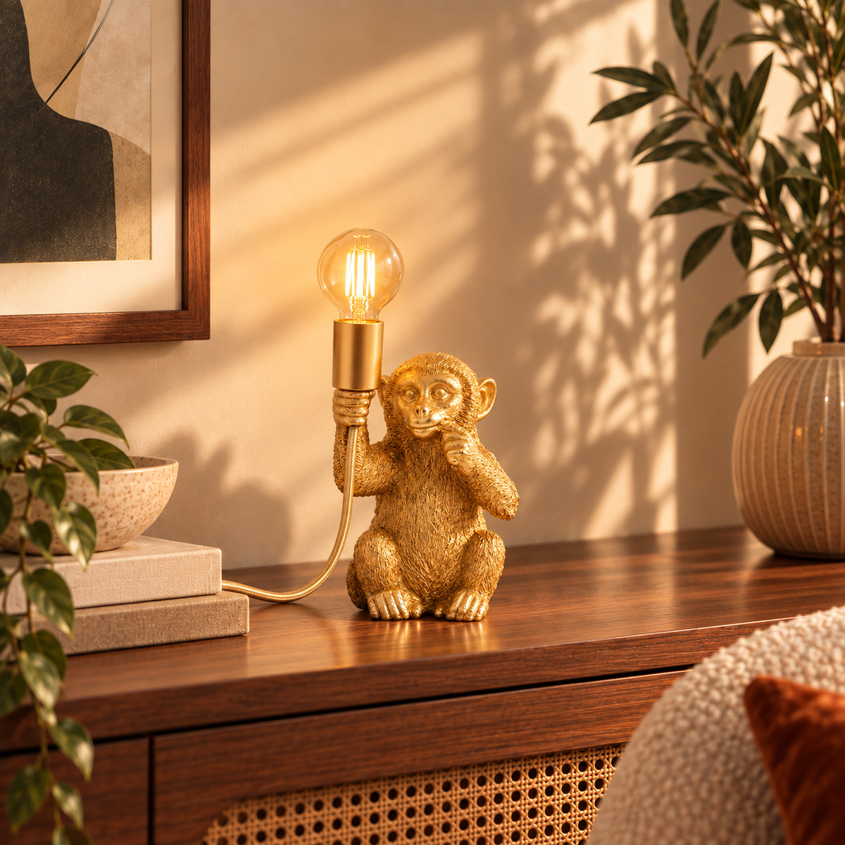 Lampe à poser Monkey en plastique doré, allumée sur un buffet en bois et cannage entouré de plantes