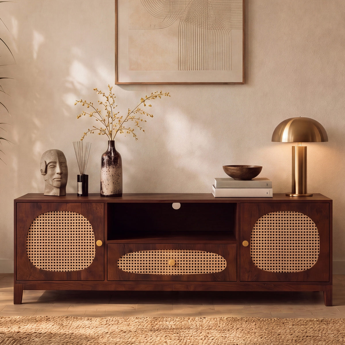 Meuble TV ambiance bois foncé et rotin lampe dorée – Maison Pavane