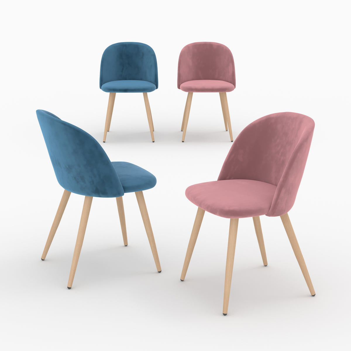 Pack di 4 sedie Cozy in velluto blu e rosa