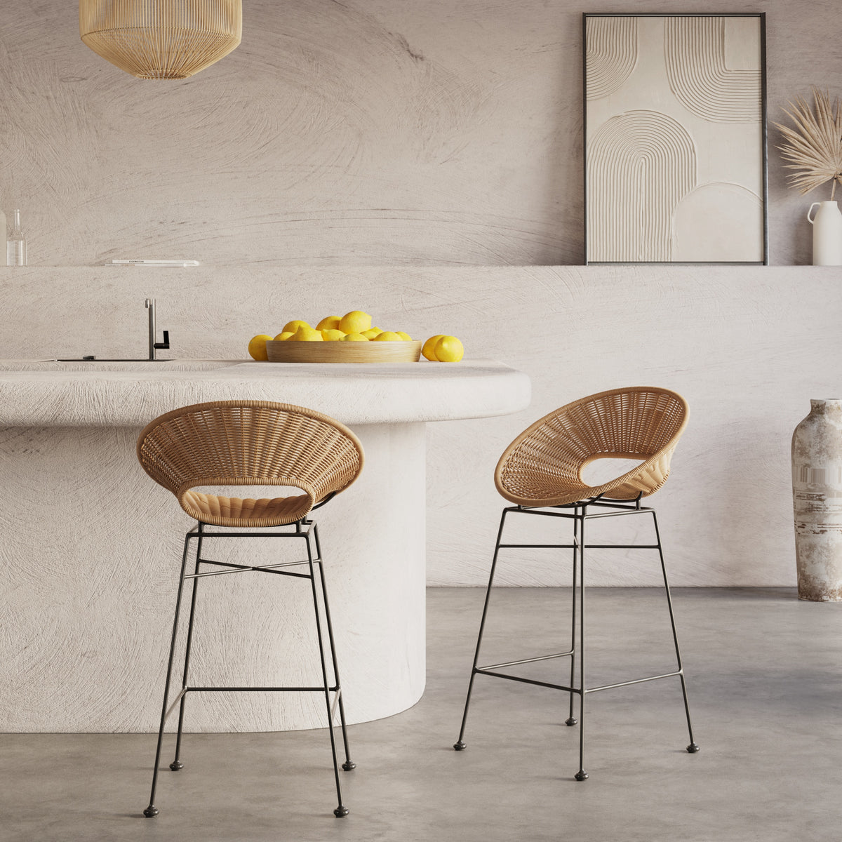 rava set di 2 sedie da bar in resina intrecciata naturale 65 cm