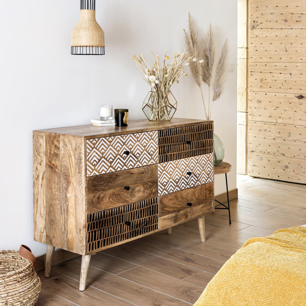 tali cassettiera legno bianco nero motivo cassetti