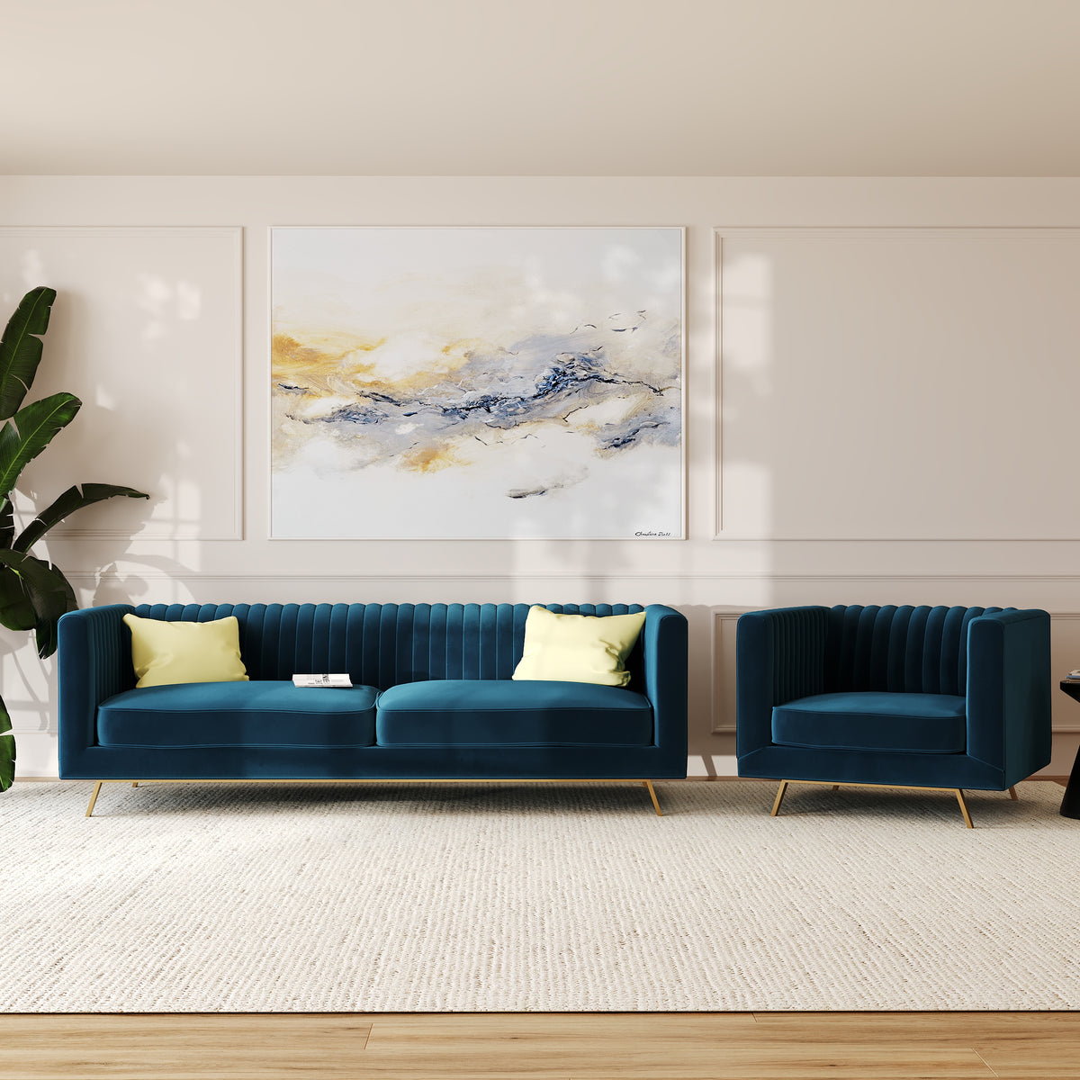 velluto blu navy divano e poltrona 3 posti