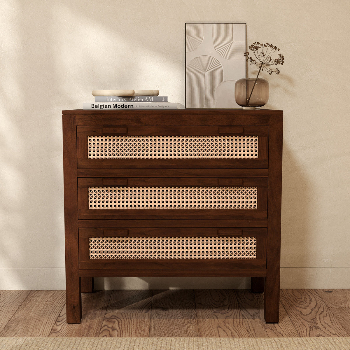 vintage commode bois fonce et cannage