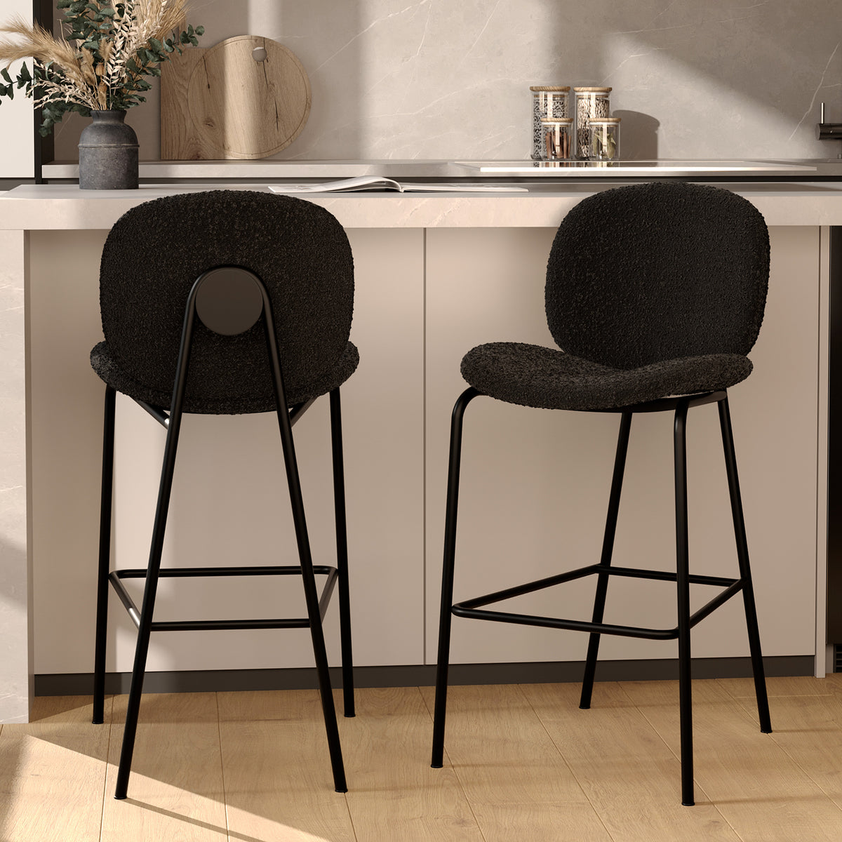 2 chaises de bar en tissu boucle noir iris
