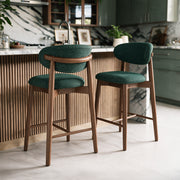 2 chaises de bar tissu vert foncé chiné et bois foncé Yuna – Maison Pavane