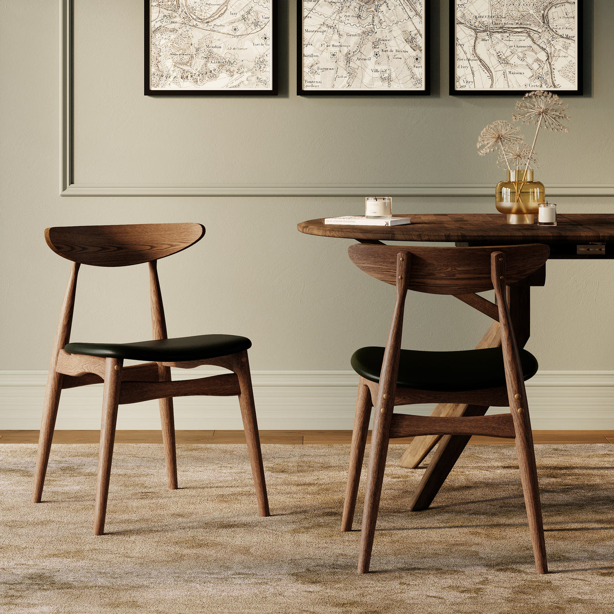2 chaises en bois fonce et cuir synthetique noir josette