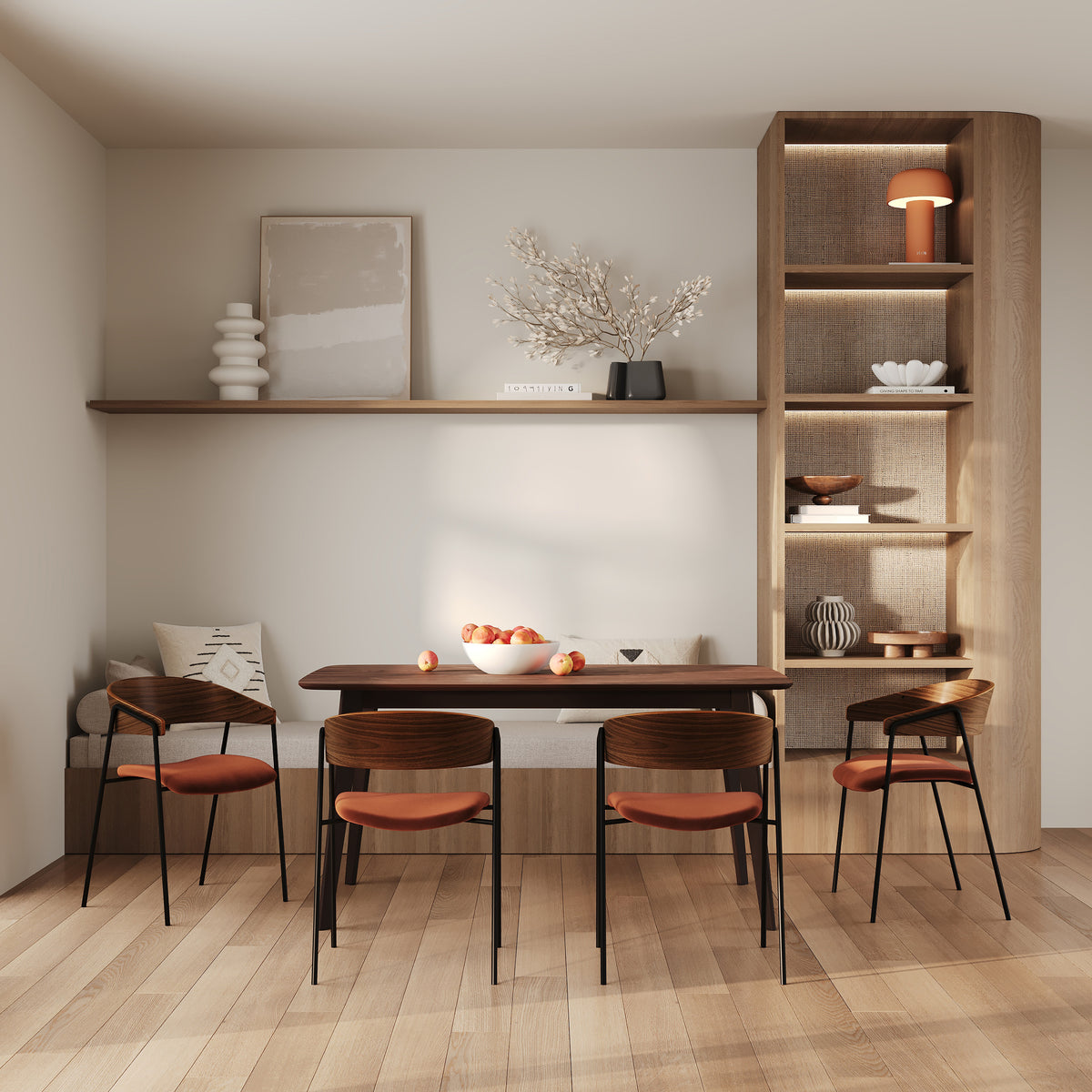 2 chaises en bois foncé et velours orange cuivre terracotta