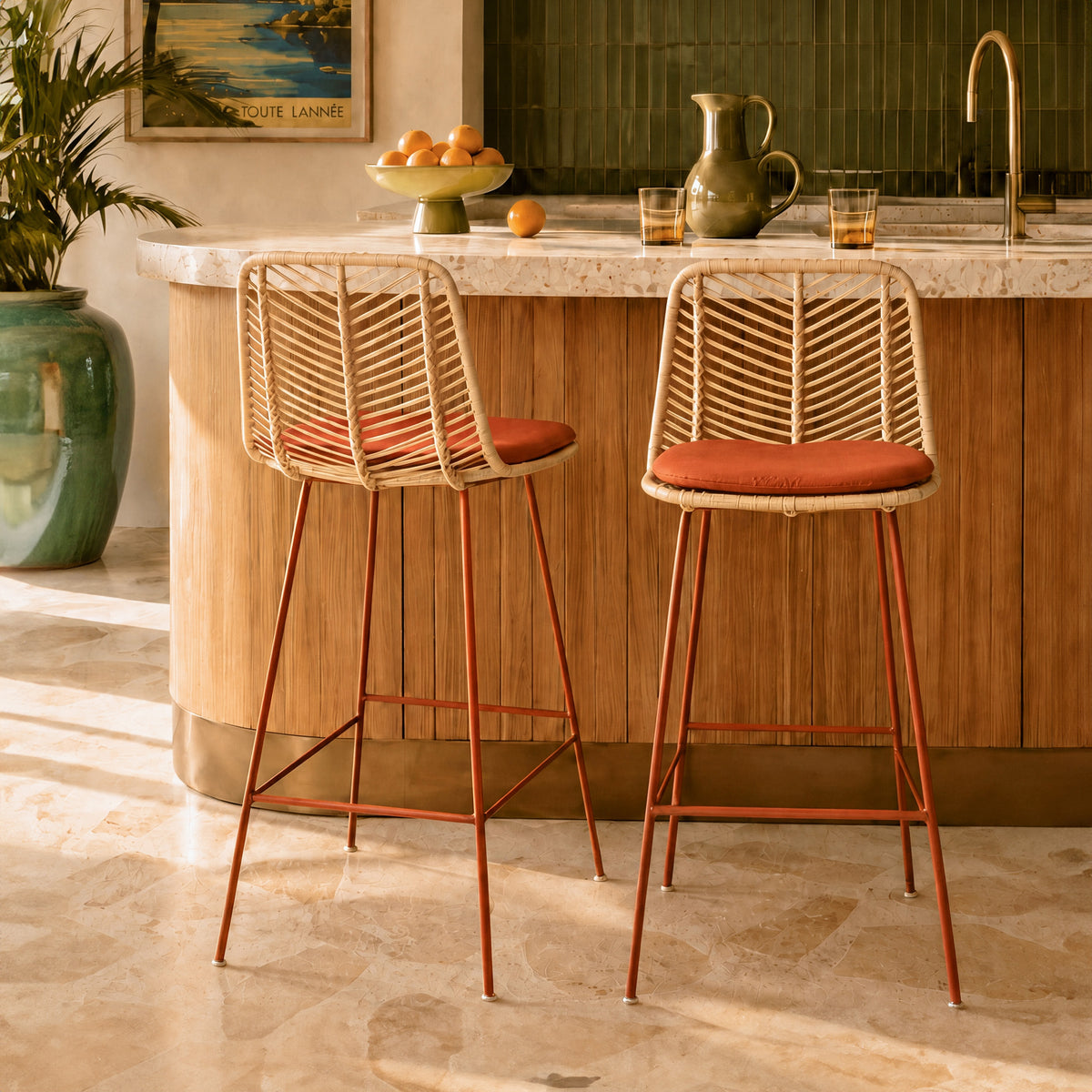 2 chaises pour îlot central orange vermillon – Maison Pavane