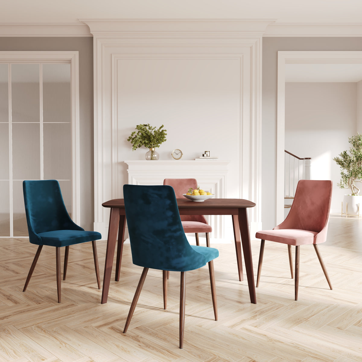 4 chaises bleu et rose peids en bois vinni
