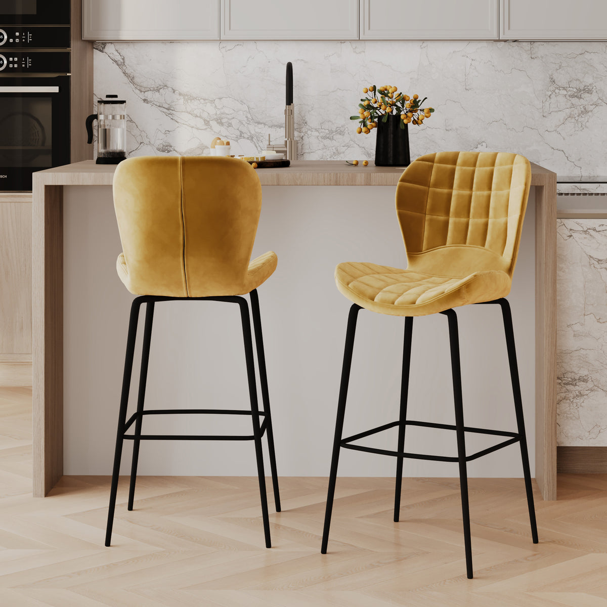 75 cm chaise de bar mazzia en velours jaune curry et orange