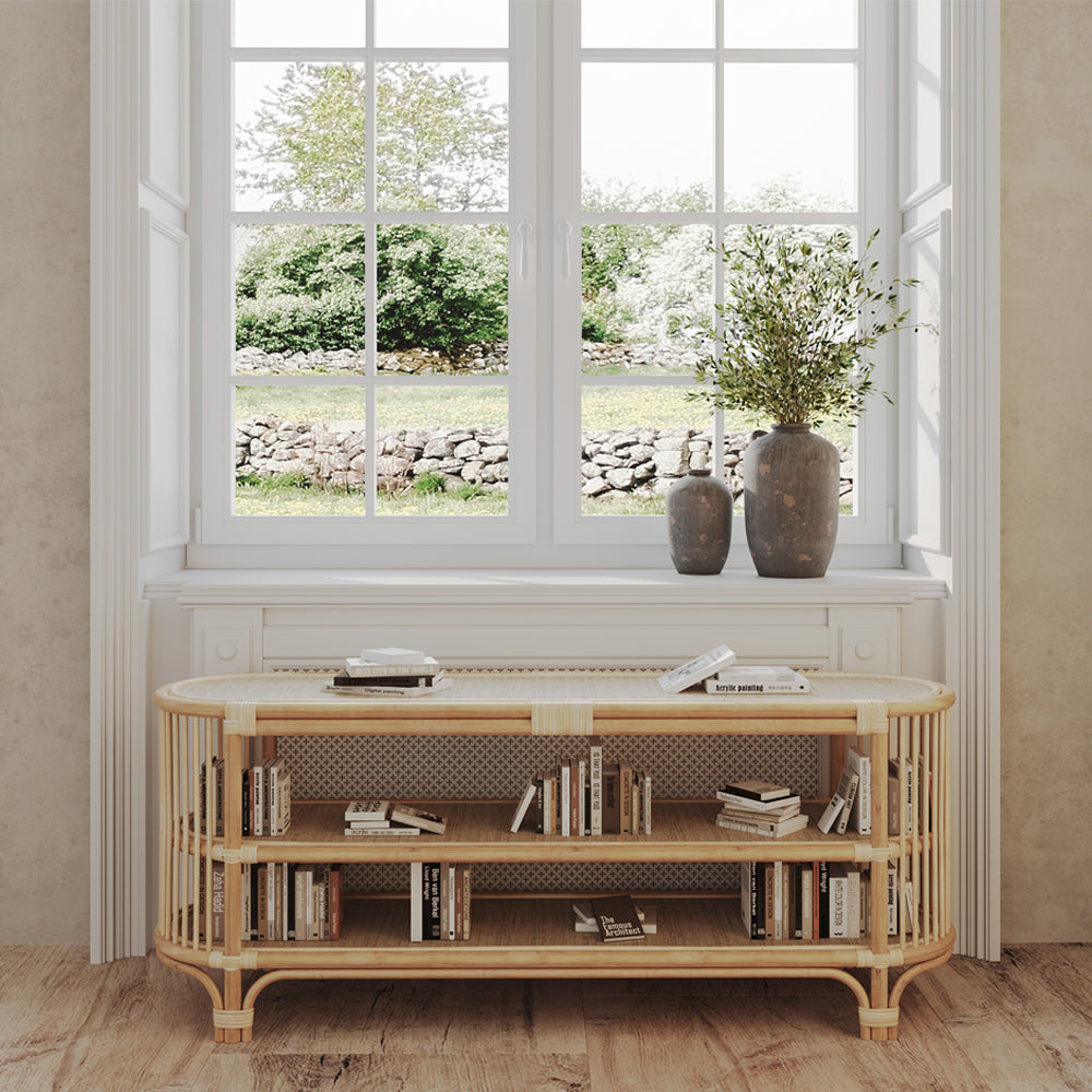 acheter console 140 cm en rotin naturel etagere