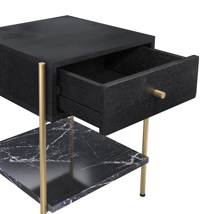 acheter table de chevet un tiroir bois de manguier noir et pieds dore