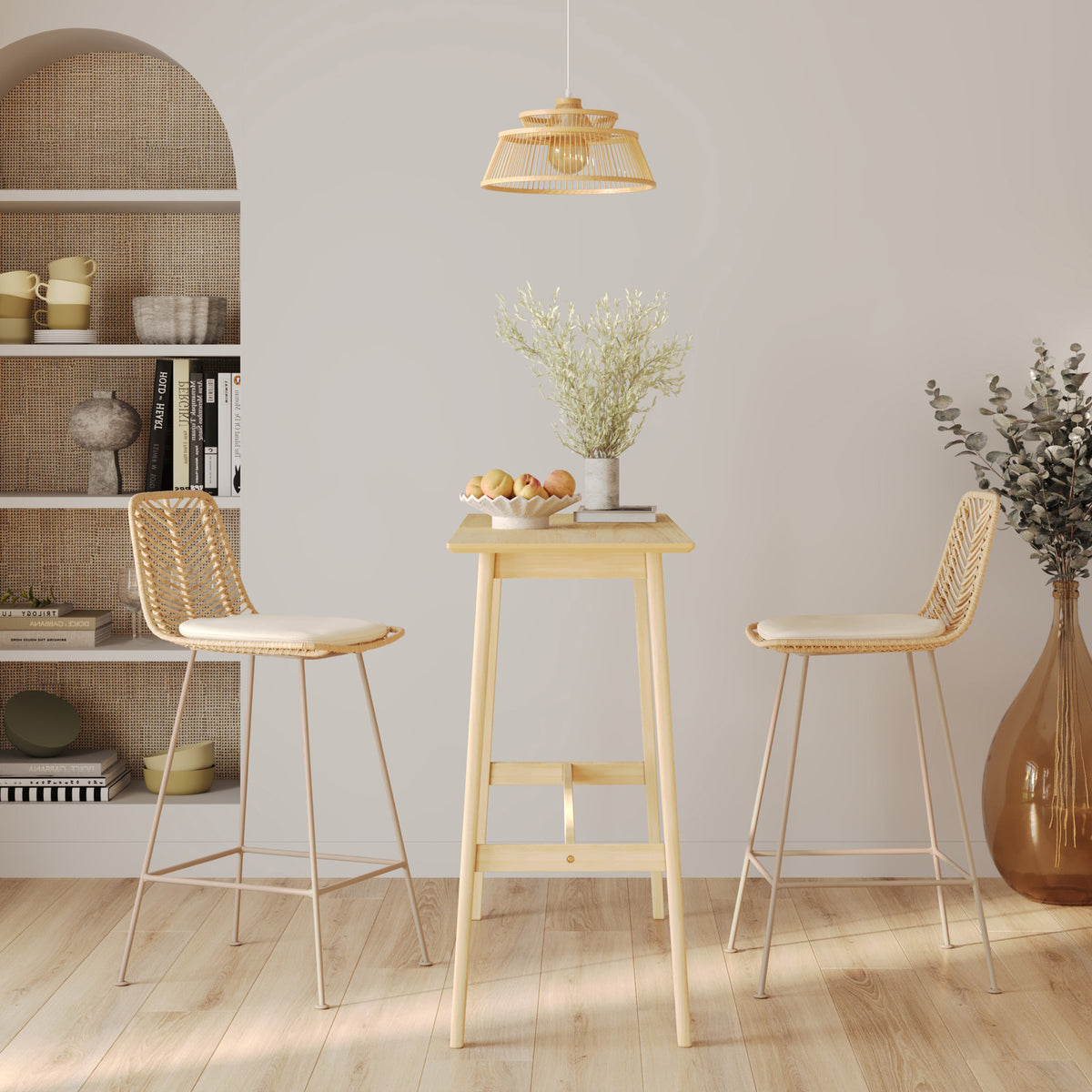Ambiance bohème chaises de bar et table de bar bois clair – Maison Pavane
