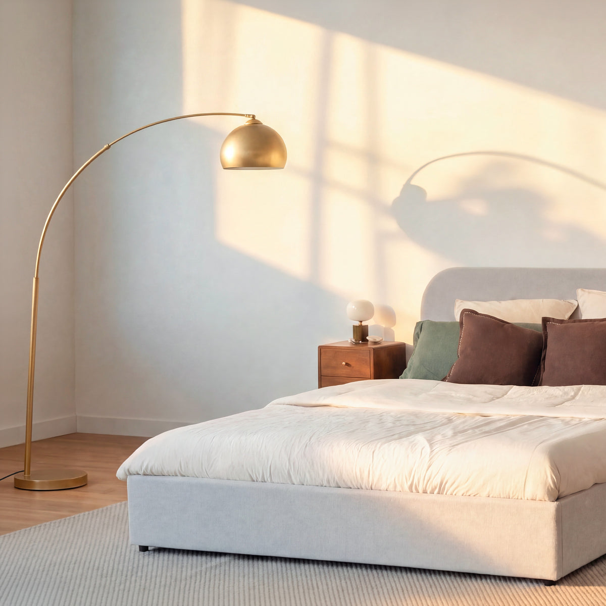 Ambiance chambre lampadaire Dinard doré lit gris clair – Maison Pavane