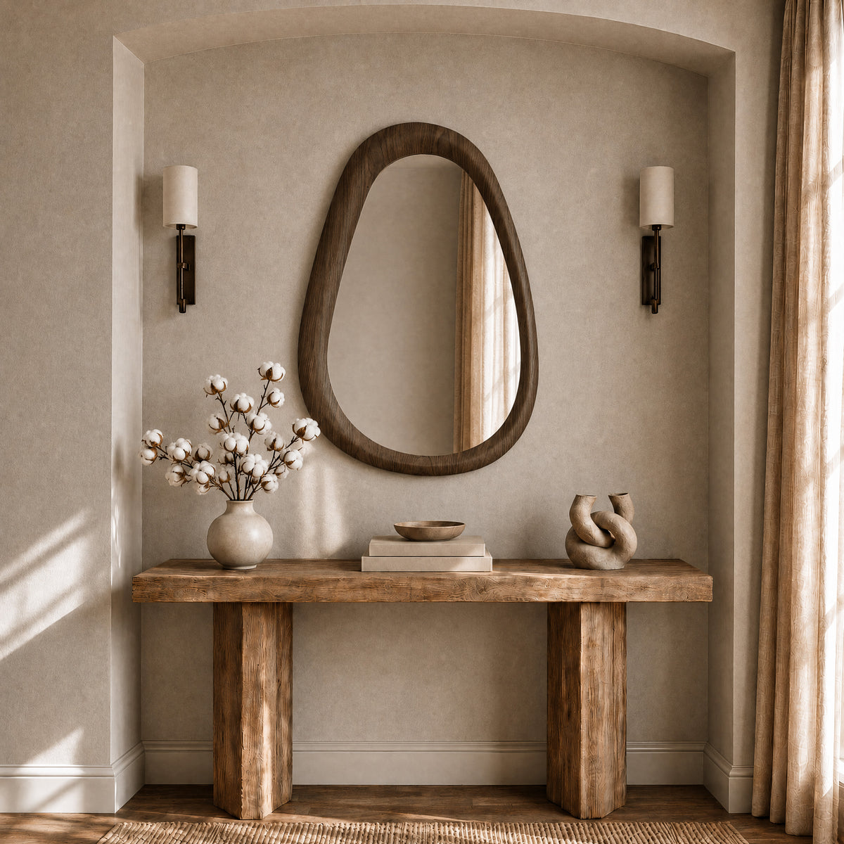 Ambiance rustique miroir organique en bois foncé et console en bois avec vases et fleurs – Maison Pavane