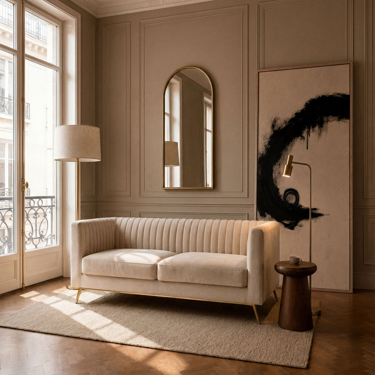 Ambiance salon canapé velours beige ambiance tamisée tapis miroir – Maison Pavane