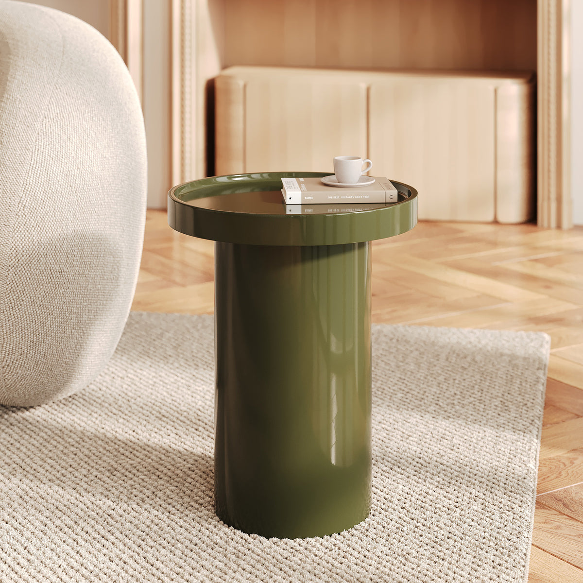 Ambiance salon vue face table d'appoint glossy vert kaki Nora – Maison Pavane