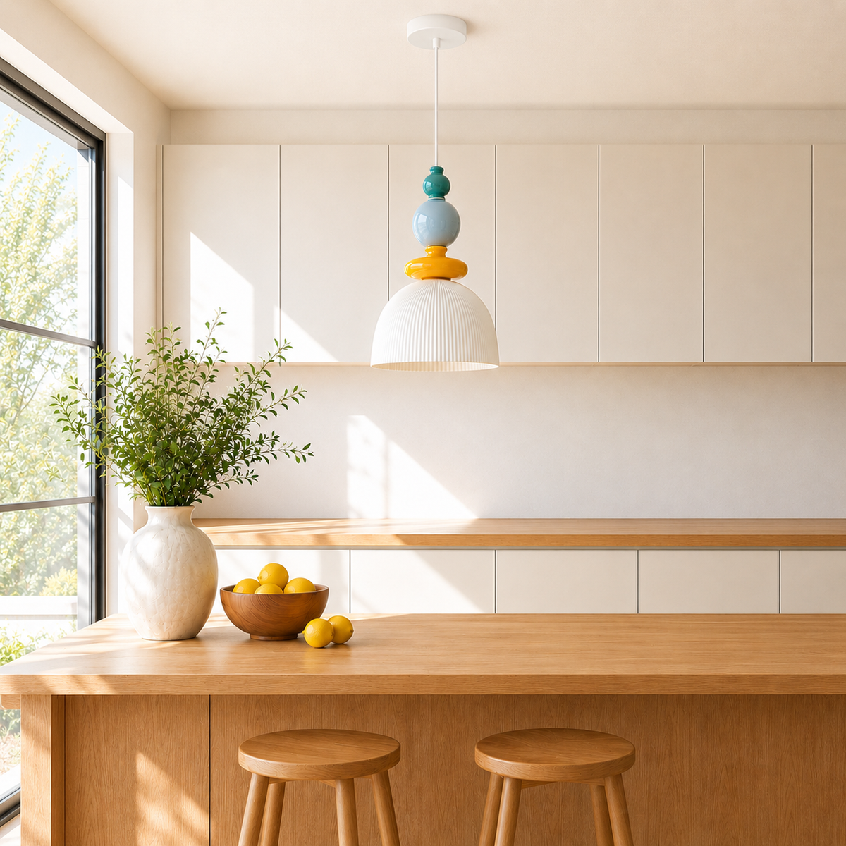 Ambiance suspension Pili avec socle blanc dans cuisine – Maison Pavane