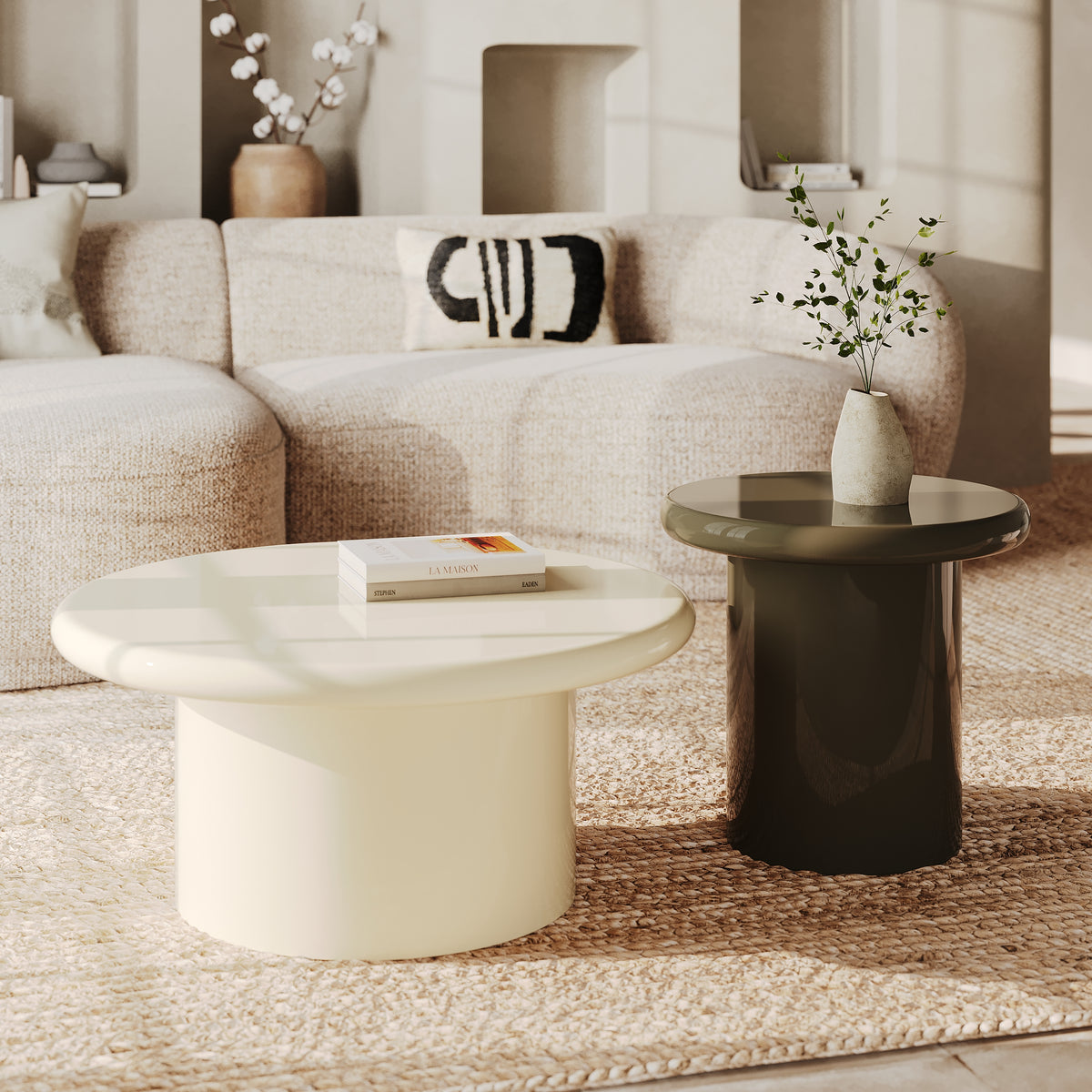 Ambiance table basse blanche et table d'appoint verte kaki glossy – Maison Pavane