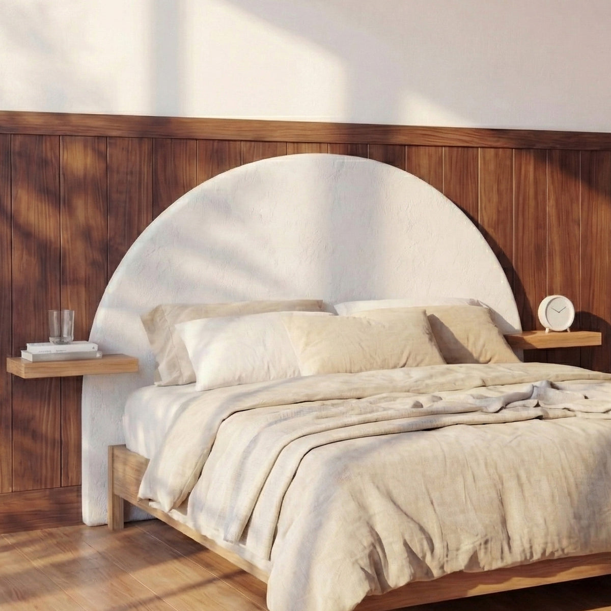 Ambiance tête de lit Fira plâtre blanc cassé acacia chambre style grec