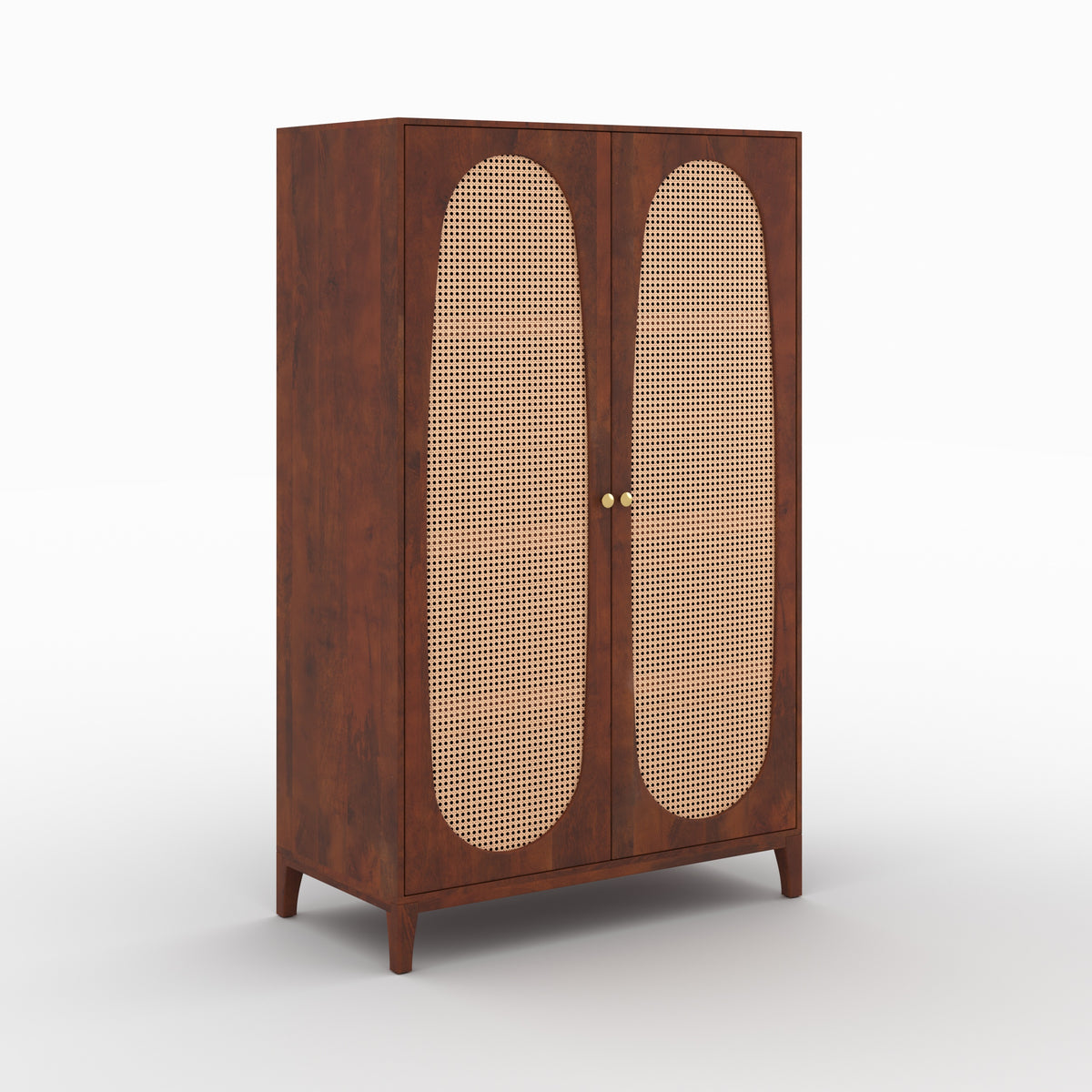 Armoire Lanka bois de manguier cannage laiton trois quarts avant – Maison Pavane