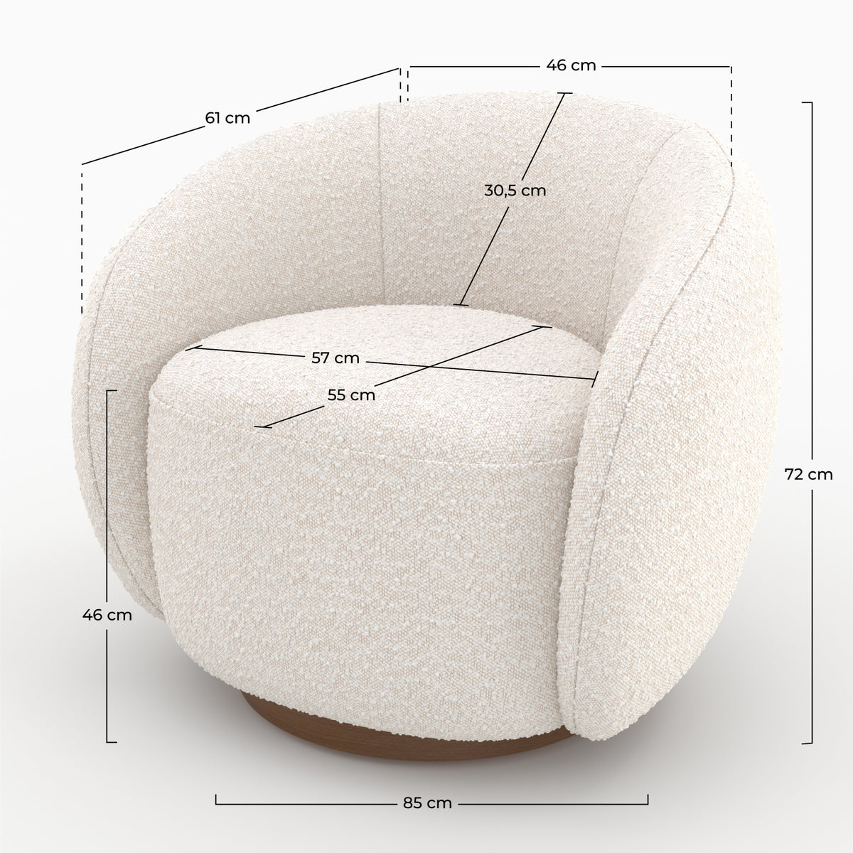 poltrona girevole naya in tessuto bianco bouclé comfort per salotto
