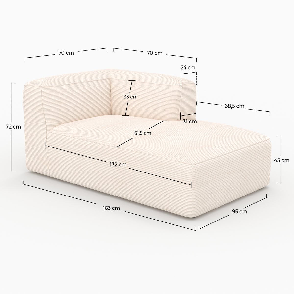 Blanc velours méridienne angle droit Mina canapé modulable