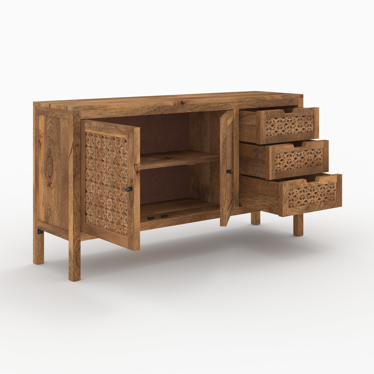 buffet intagliato in legno di mango jaya marrone con spazio di archiviazione