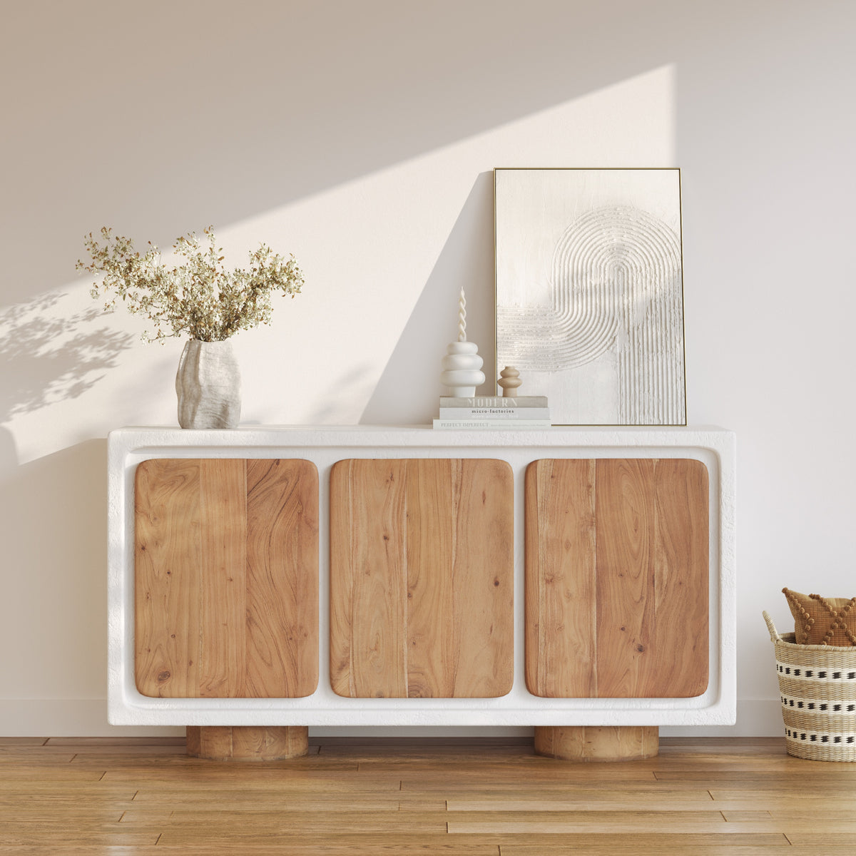 buffet en beton blanc et porte en bois d acacia eden