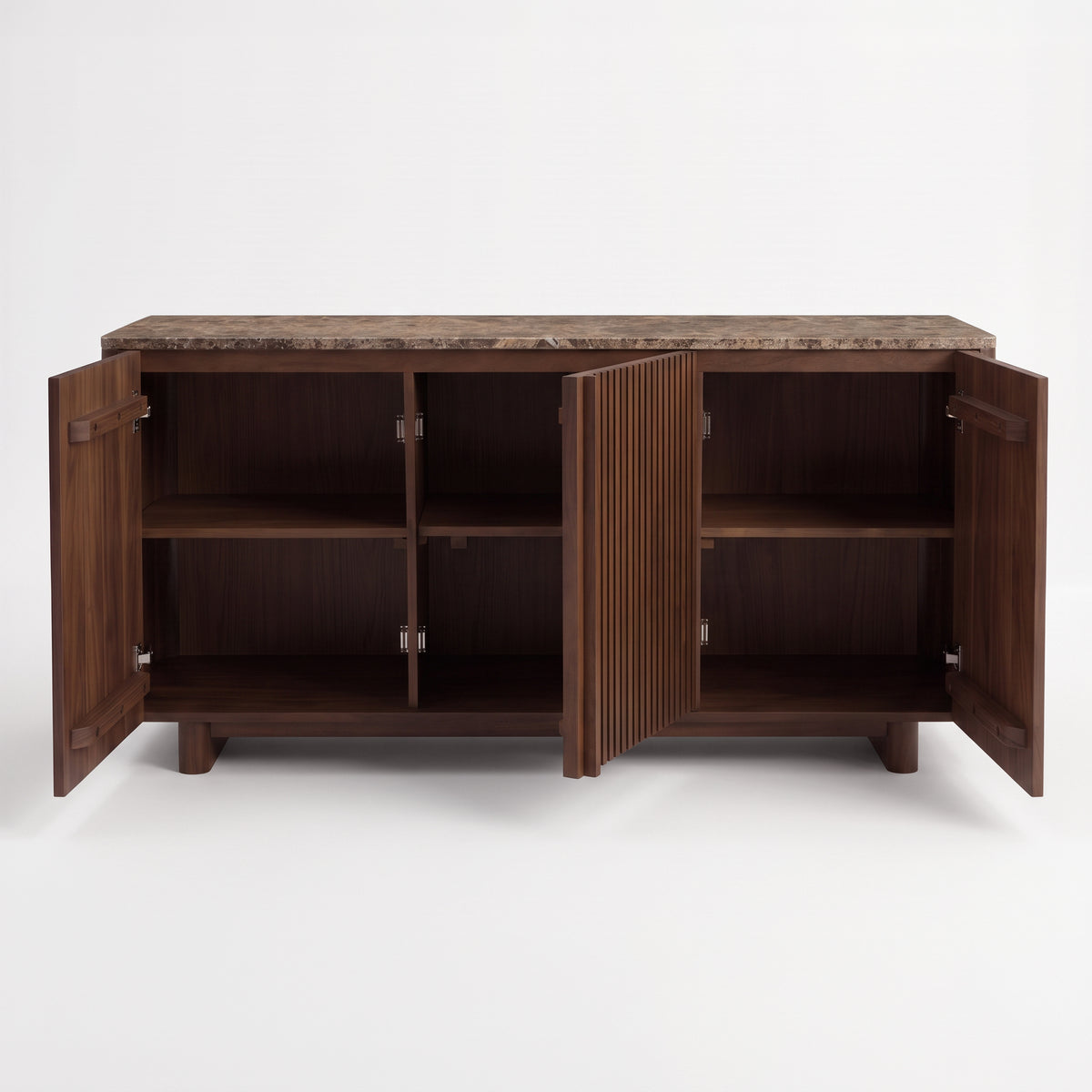 Buffet Flavio en bois de manguier et plateau en marbre, portes ouvertes, rangement intérieur - Maison Pavane