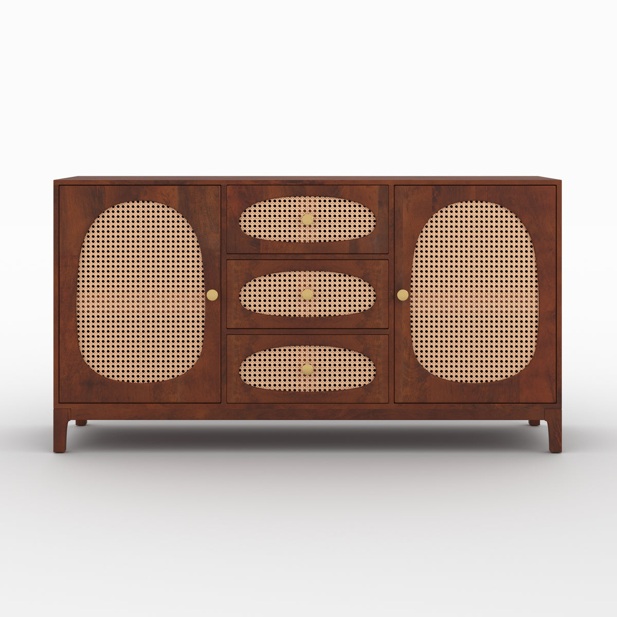 Buffet Lanka bois de manguier cannage laiton face – Maison Pavane