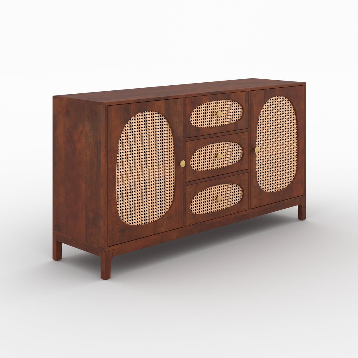 Buffet Lanka bois de manguier cannage laiton trois quarts avant – Maison Pavane