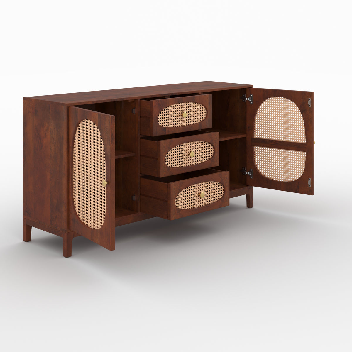 Buffet Lanka manguier cannage portes tiroirs ouverts trois quarts – Maison Pavane