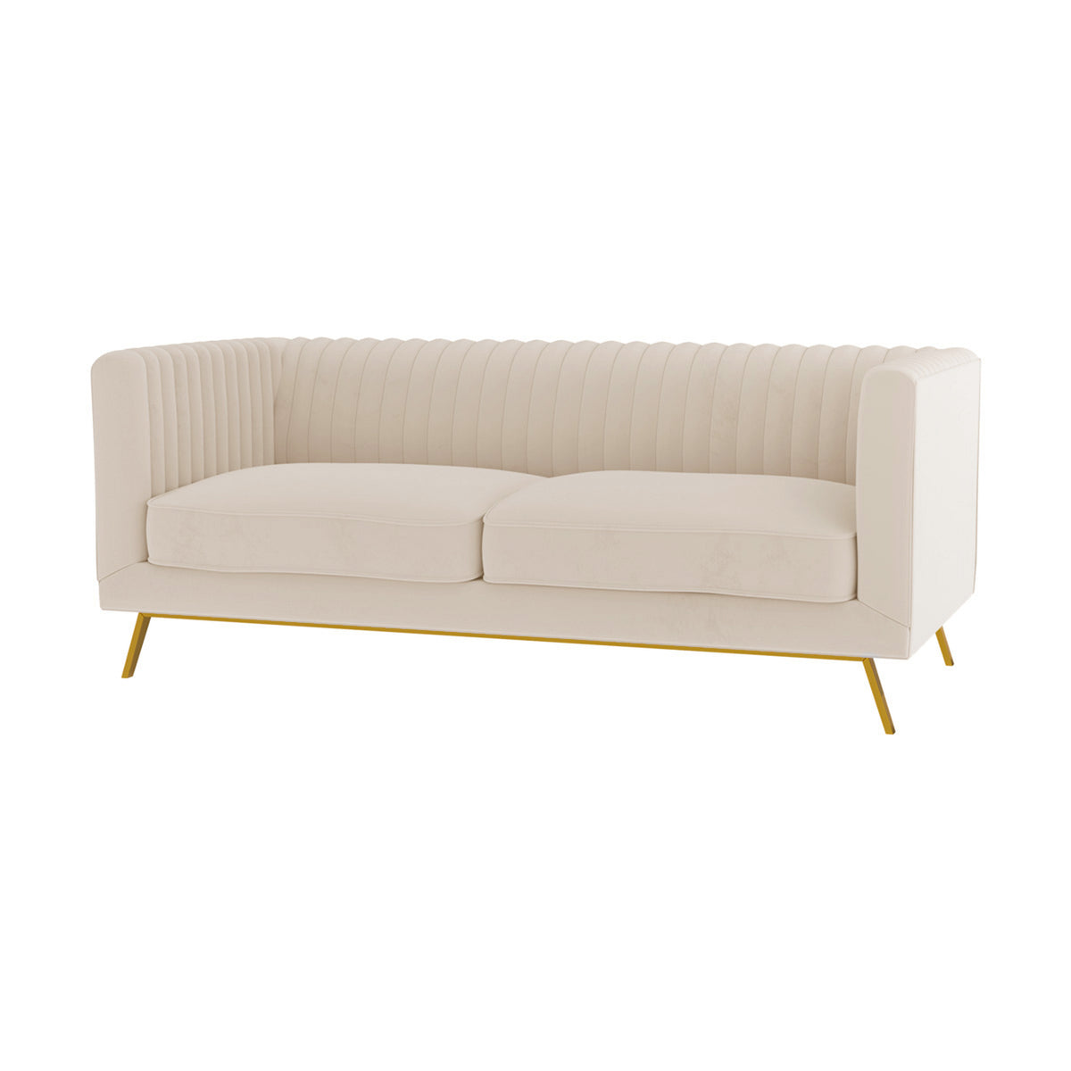 Canapé 2 places Gatsby velours beige capitonné piètement doré trois quarts – Maison Pavane