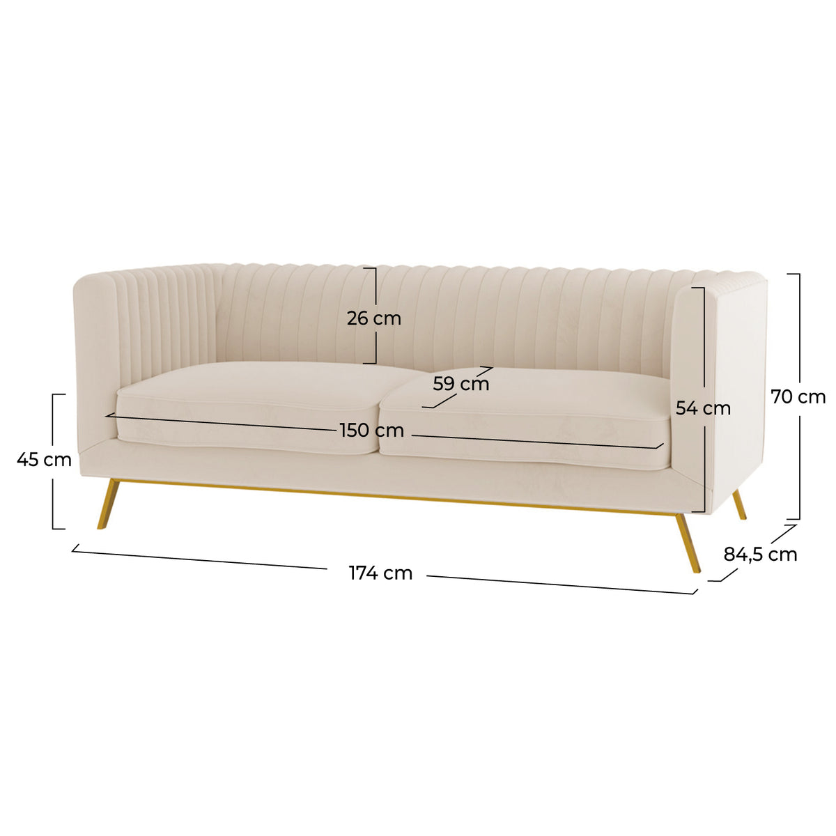 Canapé 2 places Gatsby velours beige dimensions schéma – Maison Pavane