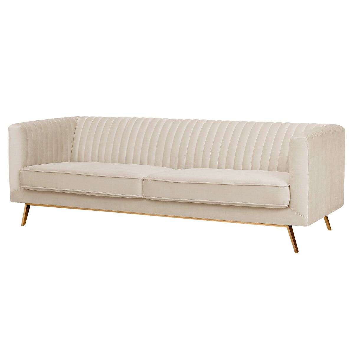 Canapé 3 places Gatsby velours beige capitonné piètement doré trois quarts – Maison Pavane
