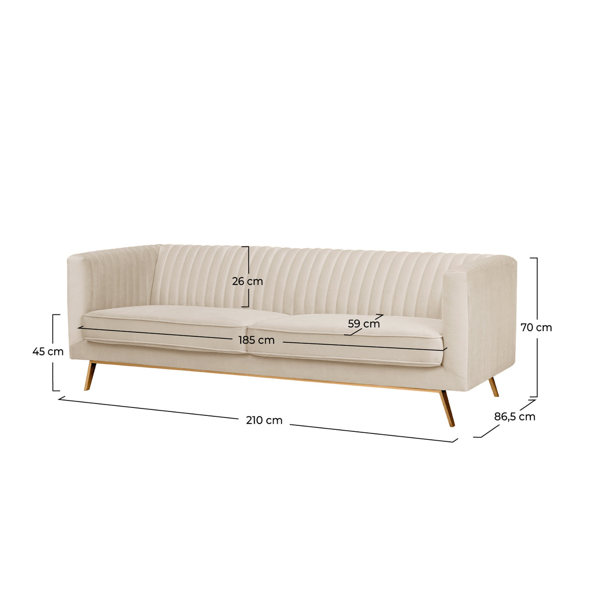 Canapé 3 places Gatsby velours beige dimensions schéma – Maison Pavane
