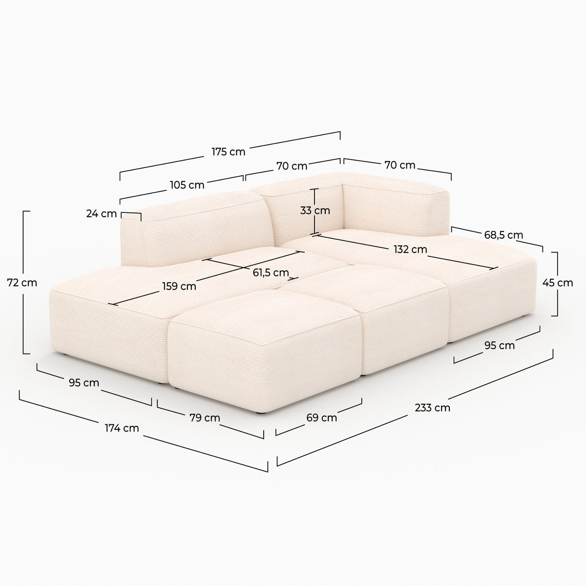 Canapé 4 places Mina blanc velours côtelé modulable 2 poufs