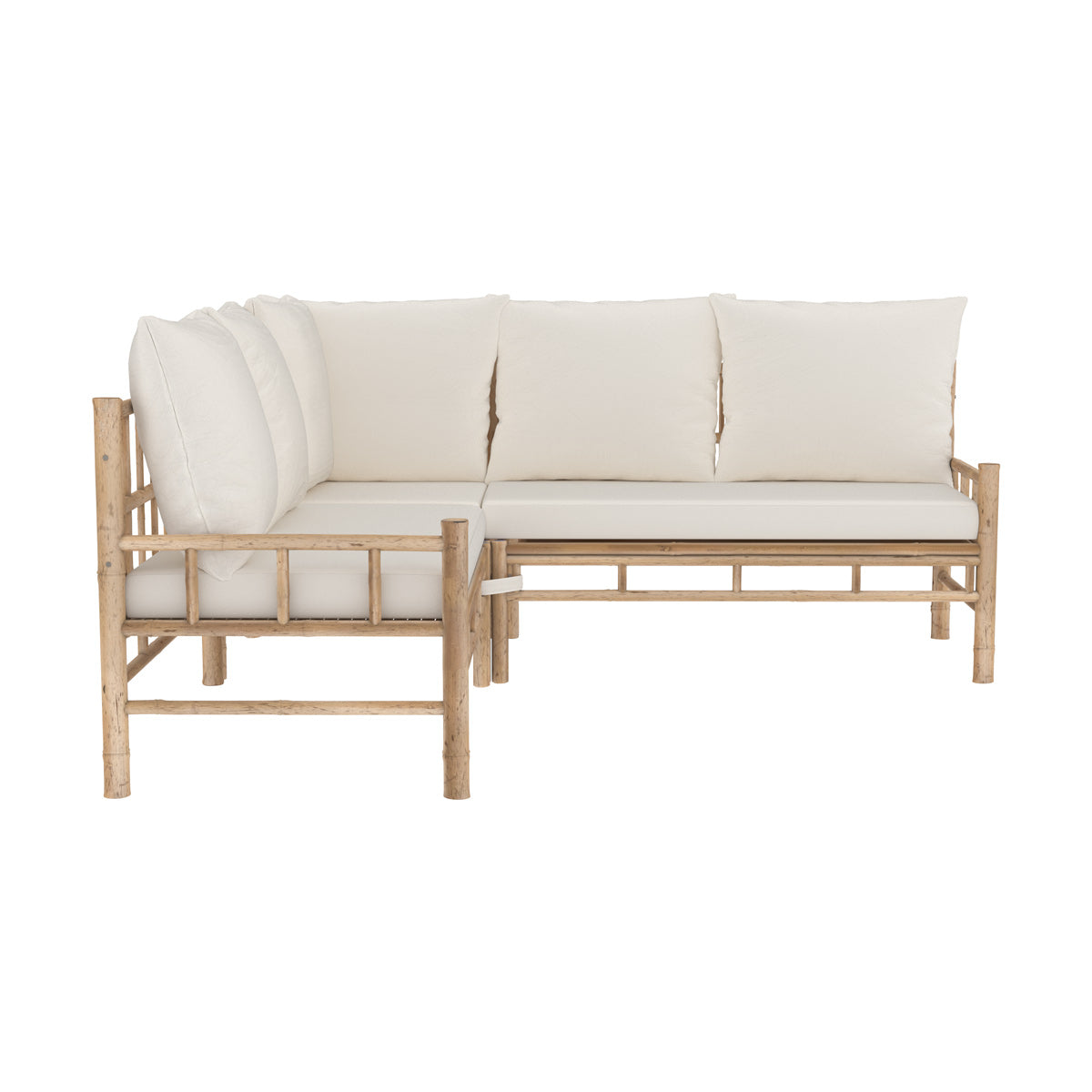 canape d angle de jardin vadella en bambou et coussins blancs