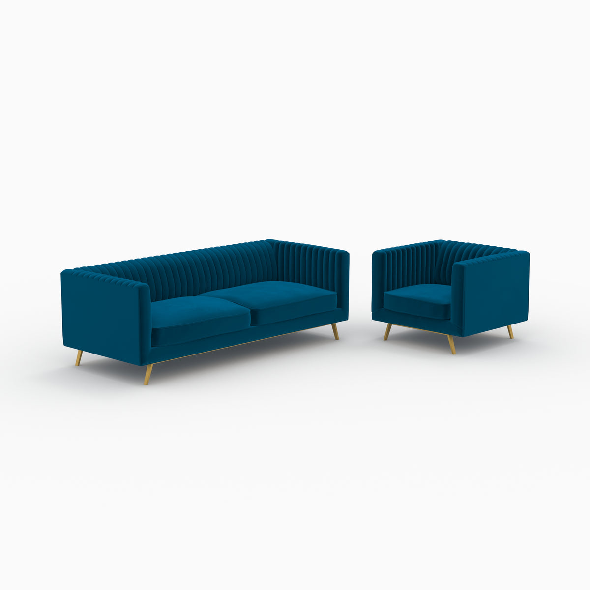 canape et fauteuil gatsby velours bleu fonce pieds dores