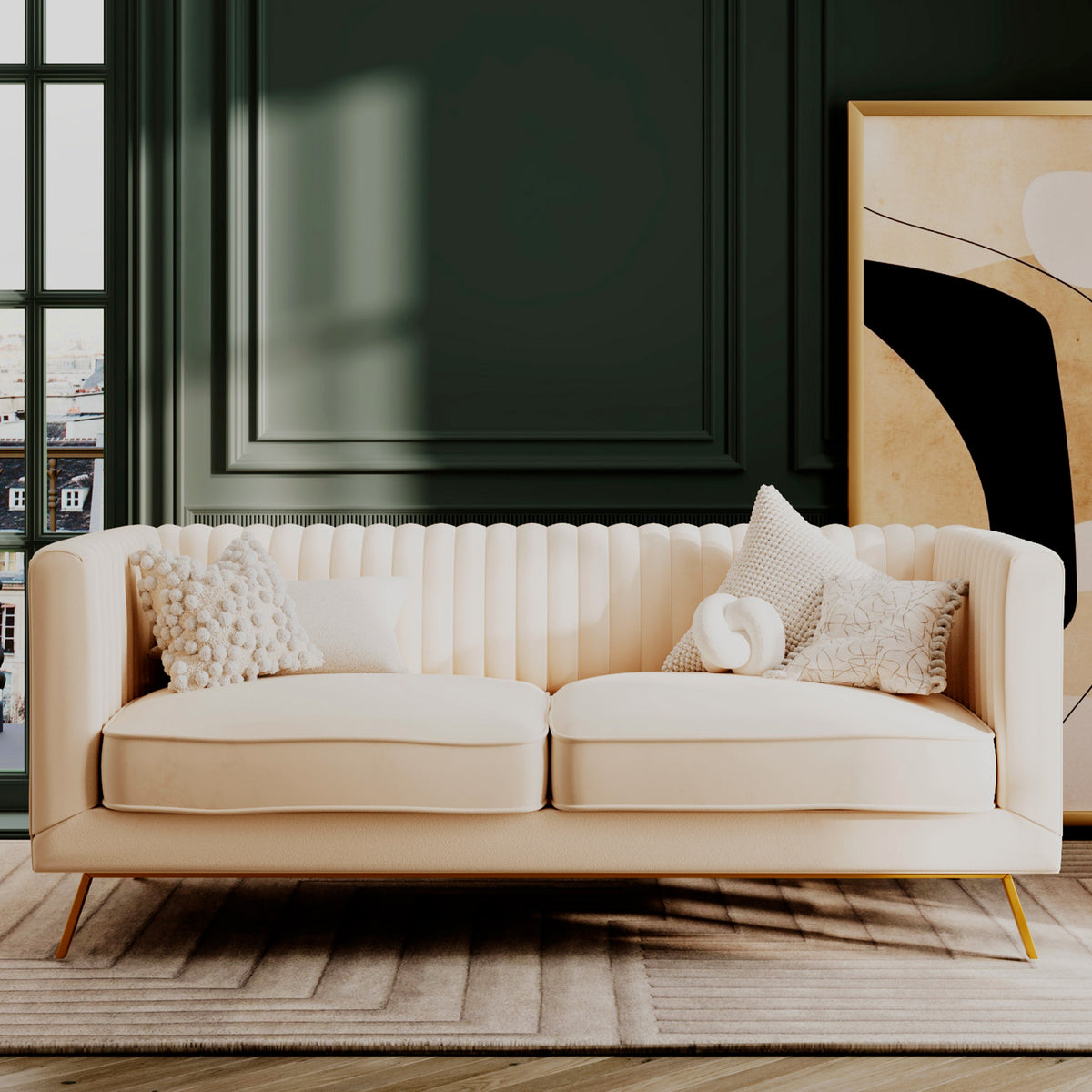 canape gatsby en velours beige pieds dores 2 places