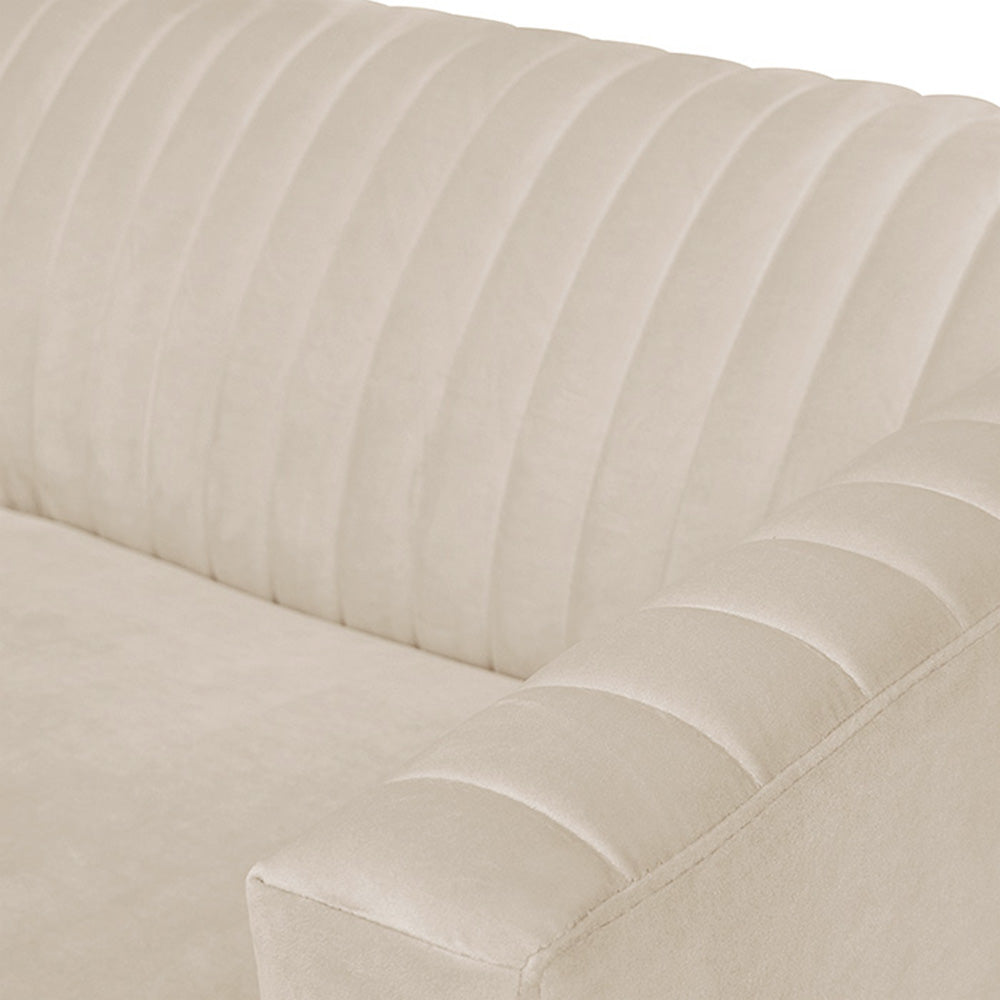 Canapé Gatsby velours beige détail accoudoir cannelures – Maison Pavane