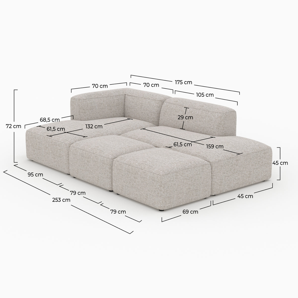 Canapé Hestia modulable angle gauche tissu beige 2 poufs